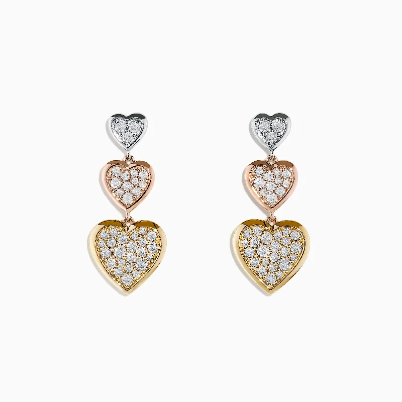 Colorful Drop Earrings for Vivid-Trio 14K Three Tone Gold Diamond Heart Drop Earrings 0.65 TCW