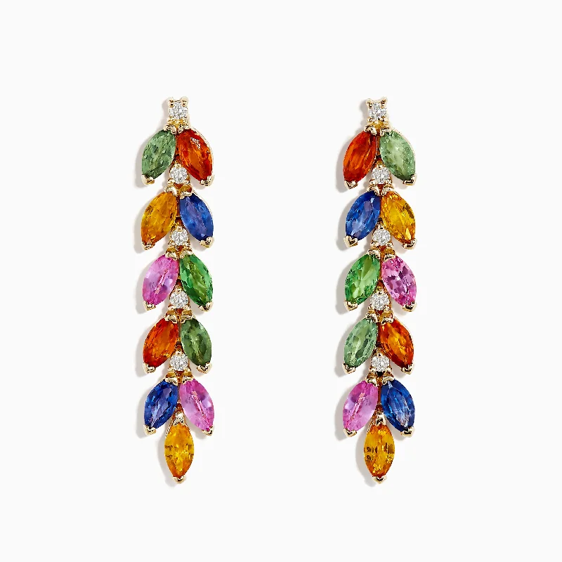 Floral Drop Earrings for Feminine-Watercolor 14K Yellow Gold Multi Sapphire and Diamond Drop Earrings