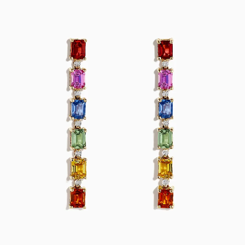 Steampunk Drop Earrings for Industrial-Watercolors 14K Gold Multi Sapphire & Diamond Drop Earrings, 3.12 TCW