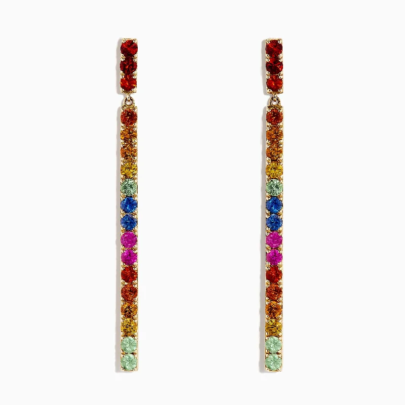 Bohemian Drop Earrings for Free-Spirited-Watercolors 14K Yellow Gold Multi Sapphire Drop Earrings, 2.50 TCW