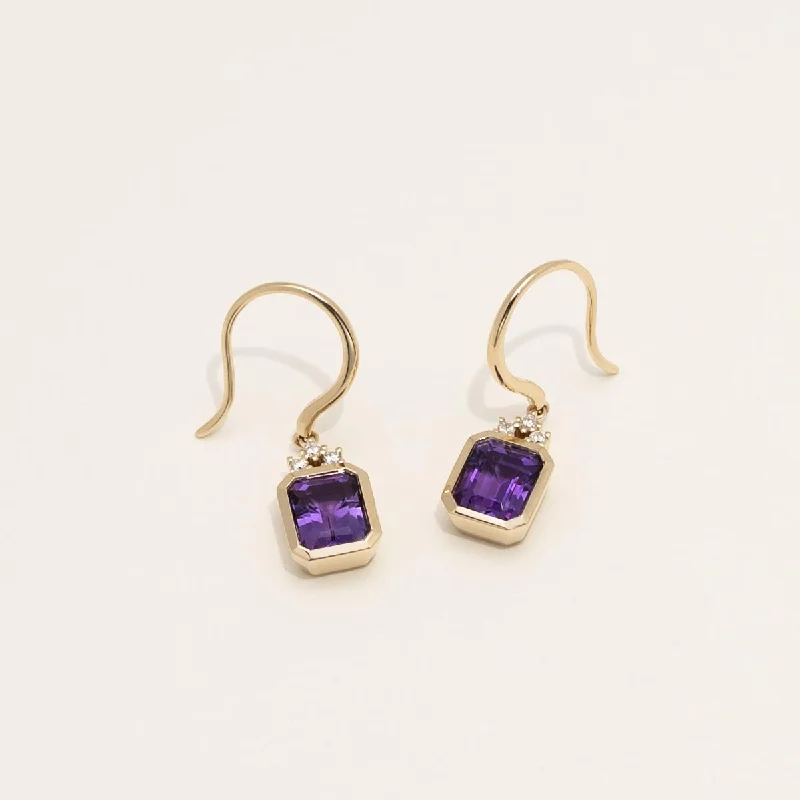 Hypoallergenic Drop Earrings for Sensitive-Emerald Cut Amethyst Drop Earrings in 14kt Yellow Gold with Diamonds (1/10ct tw)