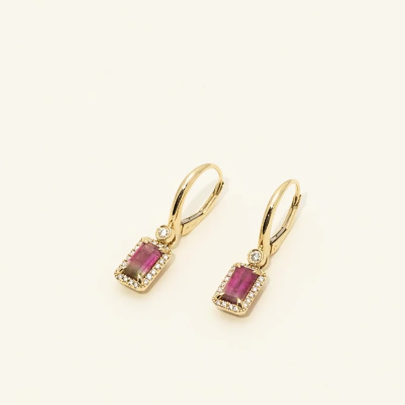 Embellished Drop Earrings for Fancy-Emerald Cut Watermelon Tourmaline Drop Earrings in 14kt Yellow Gold with Diamonds (1/5ct tw)