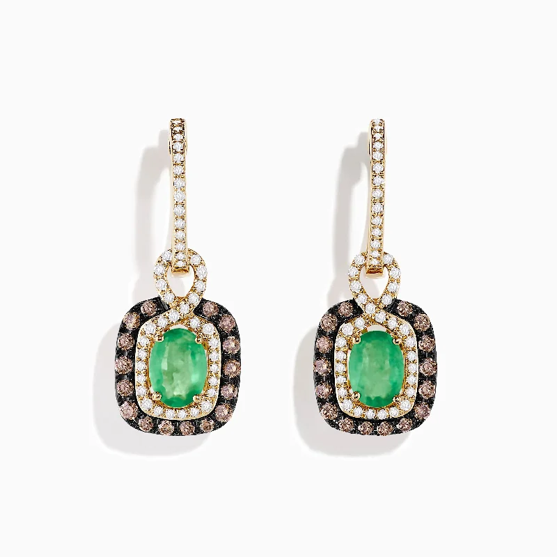 Party Drop Earrings for Glamorous-14k Yellow Gold Brown & White Diamond Halo Emerald Drop Earrings