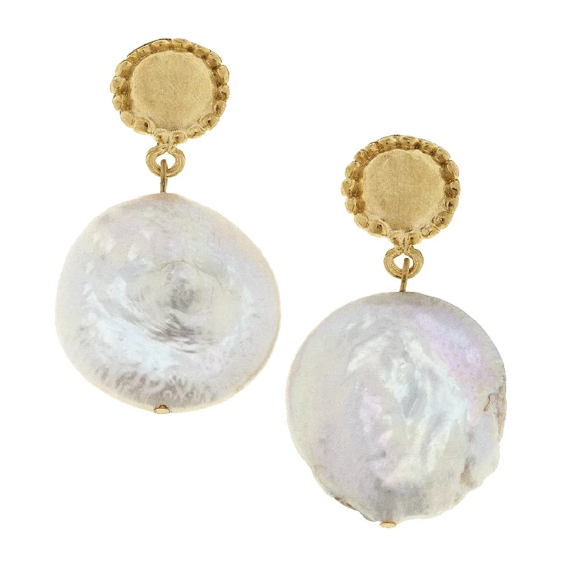 Floral Drop Earrings for Feminine-Large Coin Pearl Drop Earrings