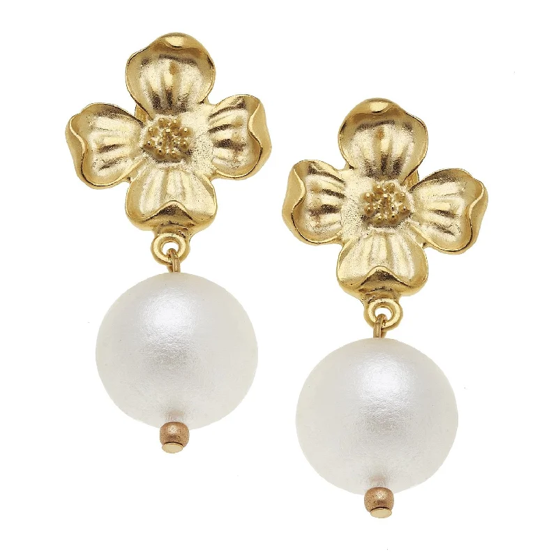 Patterned Drop Earrings for Interest-Dogwood Cotton Pearl Drop Earrings