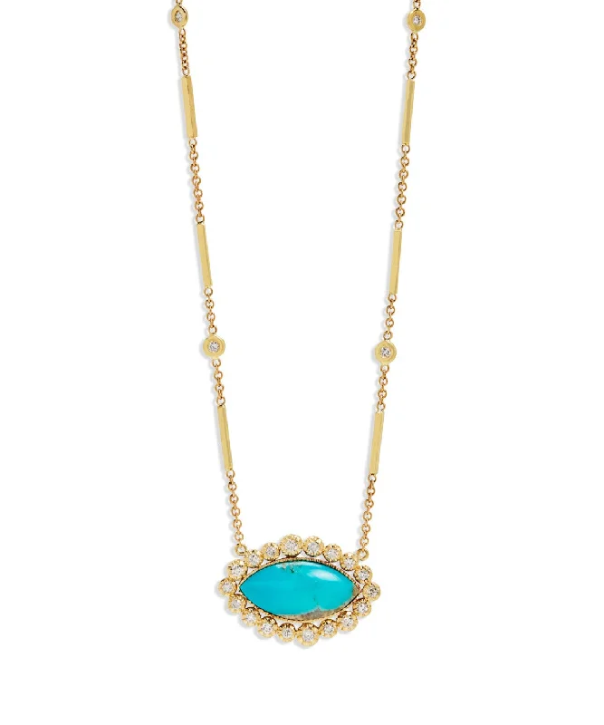 Opal pendant necklaces with a mystical, colorful glow for a unique jewelry piece -Graduated Diamond Border Turquoise Marquise Yellow Gold Necklace