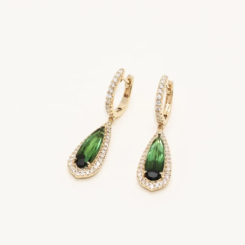 Statement Drop Earrings for Eye-Catching-Green Tourmaline Drop Earrings in 14kt Yellow Gold with Diamonds (5/8ct tw)