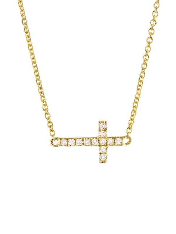 Charm necklaces and pendants with meaningful symbols for a custom accessory -Small Sideways Diamond Cross Yellow Gold Necklace