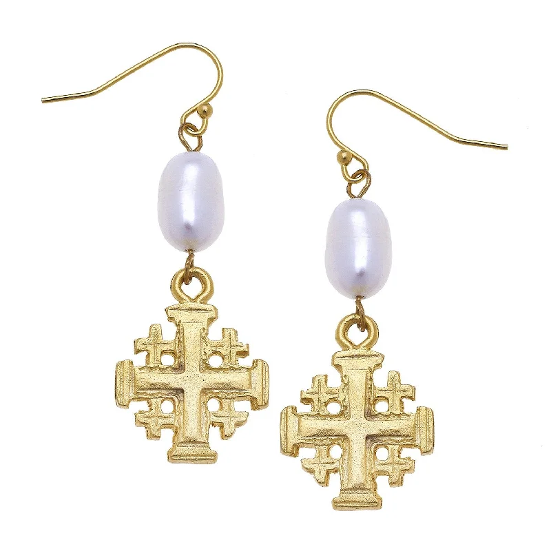 Round Drop Earrings for Traditional-Jerusalem Cross Pearl Drop Earrings