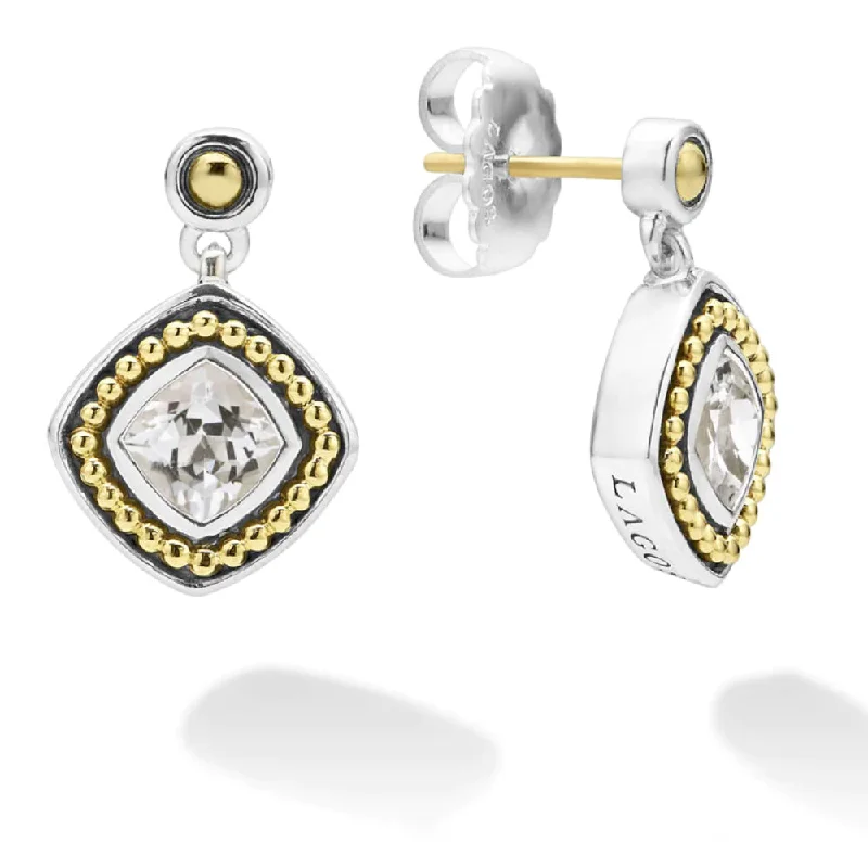 Engraved Drop Earrings for Personal-Lagos Caviar Color White Topaz Drop Earrings