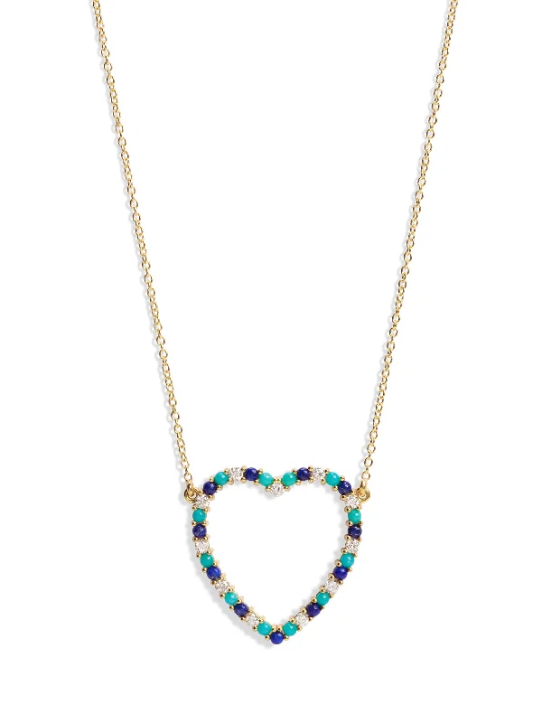 Colorful gemstone necklaces and pendants for a vibrant and playful accessory -Large Diamond, Turquoise, & Lapis Open Heart Yellow Gold Necklace