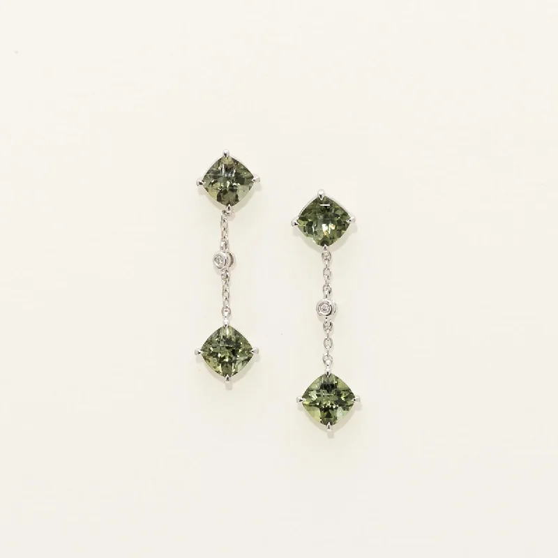 Citrine Drop Earrings for Cheerful-Maine Green Cushion Tourmaline Drop Earrings in 14kt White Gold with Diamonds(.01tw)