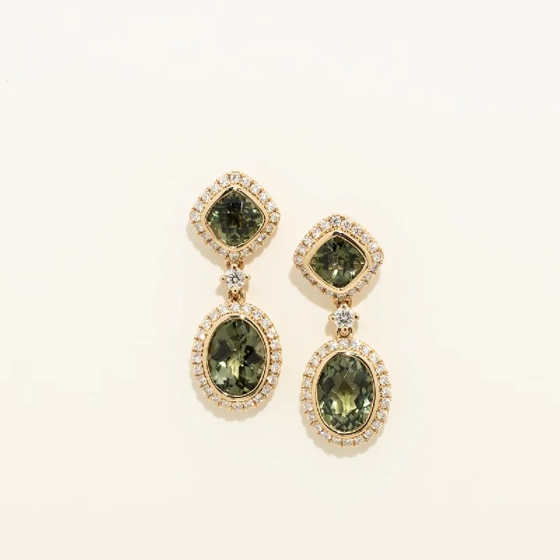 Industrial Drop Earrings for Steampunk-Maine Green Tourmaline Drop Earrings in 14kt Yellow Gold with Diamonds (1/2ct tw)