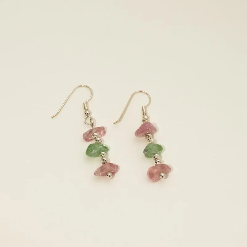 Vintage-Inspired Drop Earrings for Retro-Maine Pink and Green Tourmaline Bead Drop Earrings in Sterling Silver