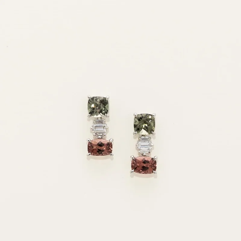 Trendy Drop Earrings for Fashion-Maine Pink and Green Tourmaline Drop Earrings in 14kt White Gold with Diamonds (1/4ct tw)