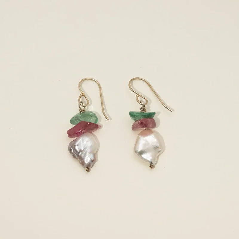 Classic Drop Earrings for Timeless-Maine Pink and Green Tourmaline Drop Earrings in Sterling Silver with Cultured Freshwater Baroque Pearls