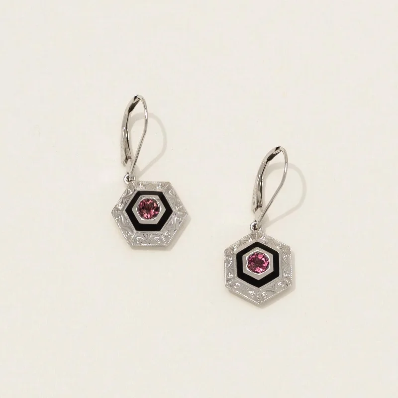 Crocheted Drop Earrings for Handmade-Maine Pink Tourmaline Hexagon Drop Earrings with Black Enamel in 14kt White Gold