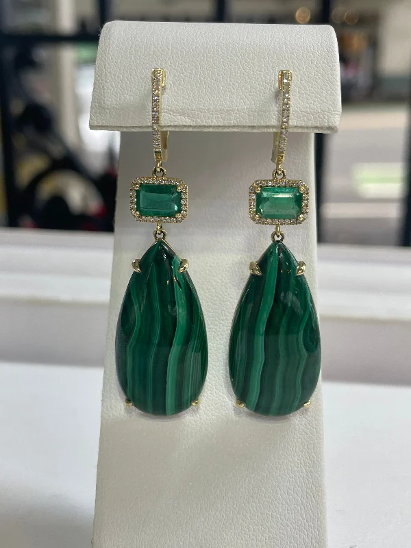 Fashionable Drop Earrings for Style-Malachite and Emerald Diamond Drop Earrings Set in 14K Yellow Gold