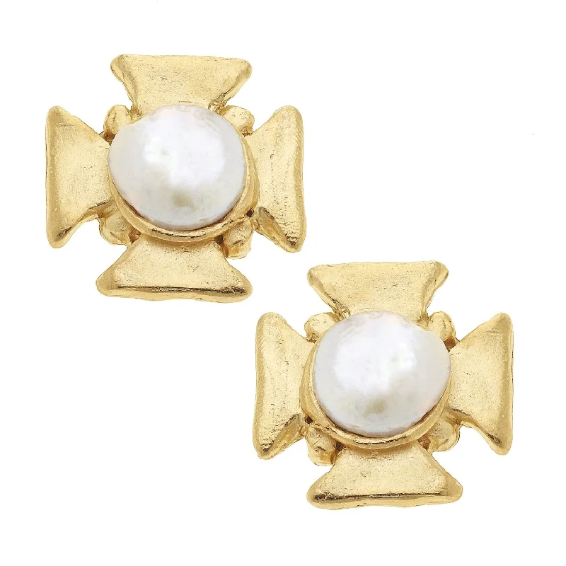 Mysterious Drop Earrings for Intriguing-Maltese Cross Pearl Studs