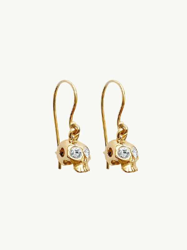 Floral Drop Earrings for Feminine-Memento Mori White Diamond Skull Earrings In 14K Yellow Gold