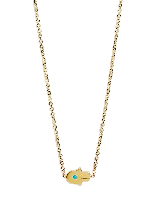 Retro-style necklaces and pendants with bold, vintage-inspired designs for added charm -Mini Turquoise Hamsa Yellow Gold Necklace