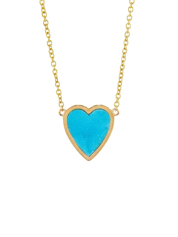 Religious necklaces and pendants with crosses, angels, or symbols for spiritual significance -Mini Turquoise Inlay Heart Yellow Gold Necklace