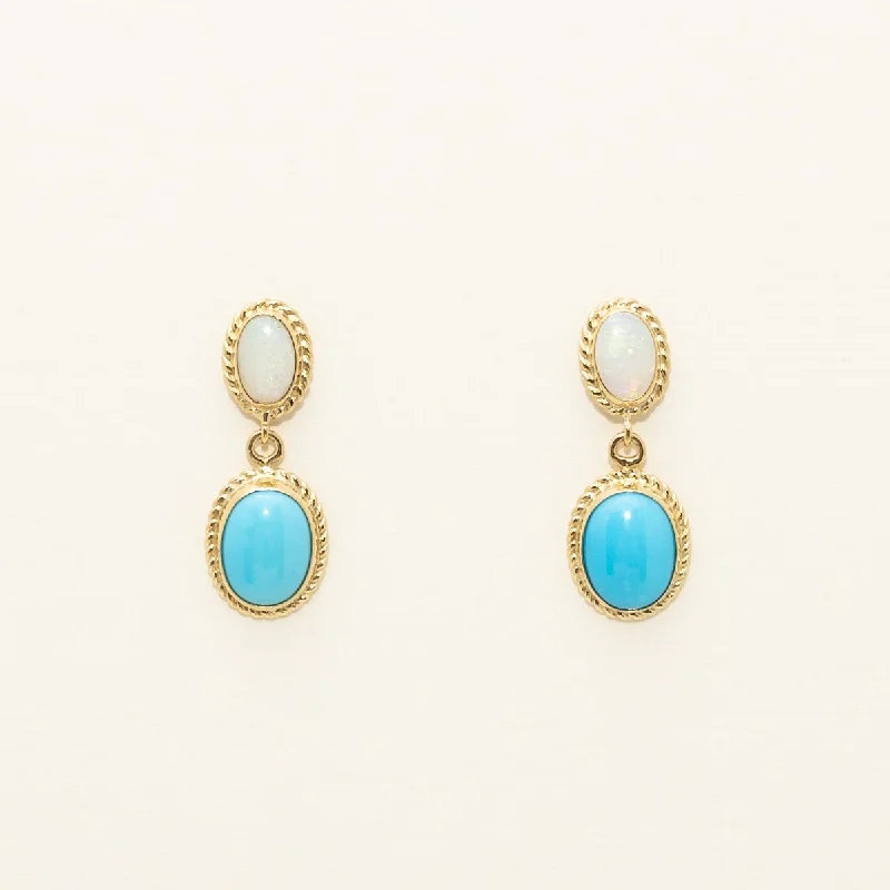 Emerald Drop Earrings for Elegant-Oval Opal and Turquoise Drop Earrings in 14kt Yellow Gold