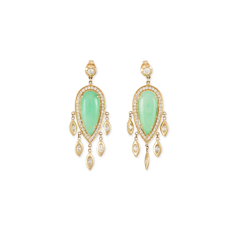 Handmade Drop Earrings for Artisanal-PAVE CHRYSOPRASE TEARDROP + MARQUISE DIAMOND SHAKERS DROP EARRINGS