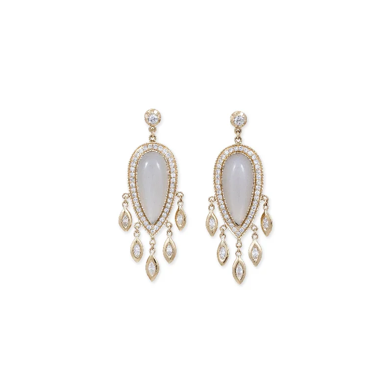 Lightweight Drop Earrings for Comfort-PAVE GREY MOONSTONE TEARDROP + MARQUISE DIAMOND SHAKERS DROP EARRINGS