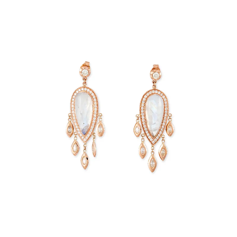 Hypoallergenic Drop Earrings for Sensitive-PAVE MOONSTONE TEARDROP + MARQUISE DIAMOND SHAKERS DROP EARRINGS