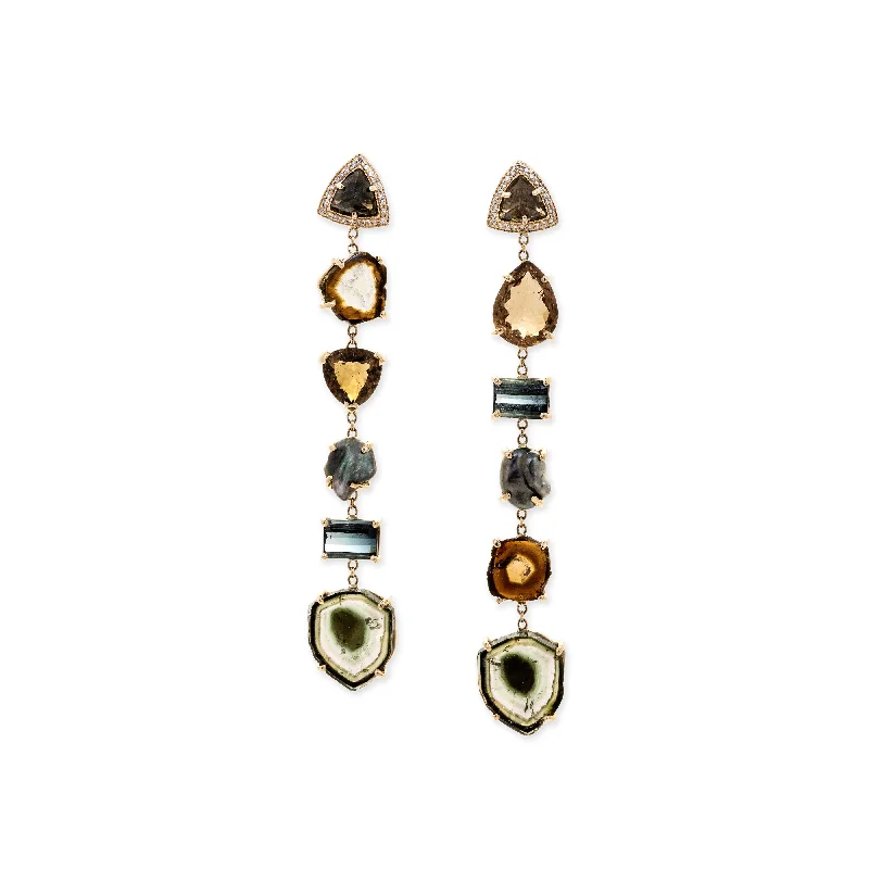 Floral Drop Earrings for Feminine-PAVE TOURMALINE TRILLION + TOURMALINE AND BLACK PEARL DROP EARRINGS