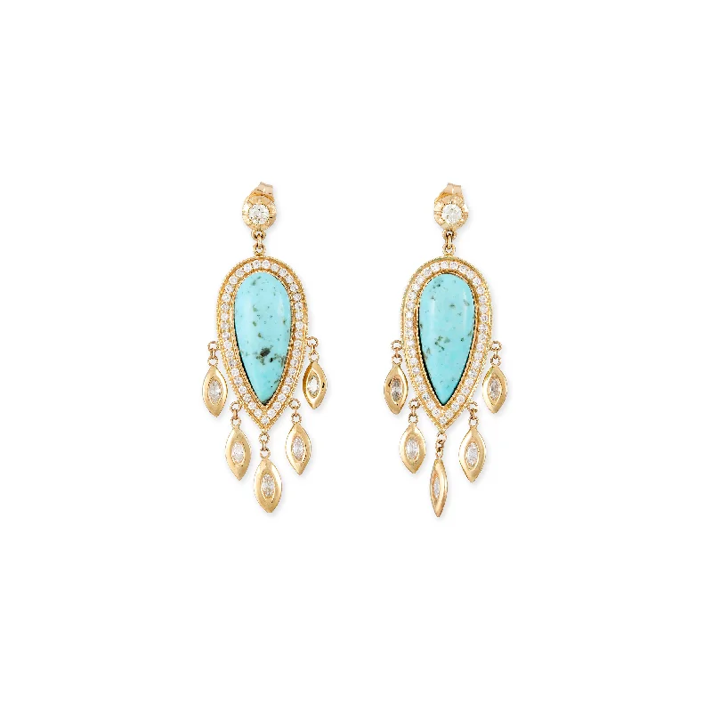 Layered Drop Earrings for Dramatic-PAVE TURQUOISE TEARDROP + MARQUISE DIAMOND SHAKERS DROP EARRINGS