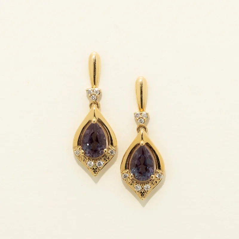 Aquamarine Drop Earrings for Calm-Pear Shape Created Alexandrite Drop Earrings in 14kt Yellow Gold with Diamonds (1/10ct tw)