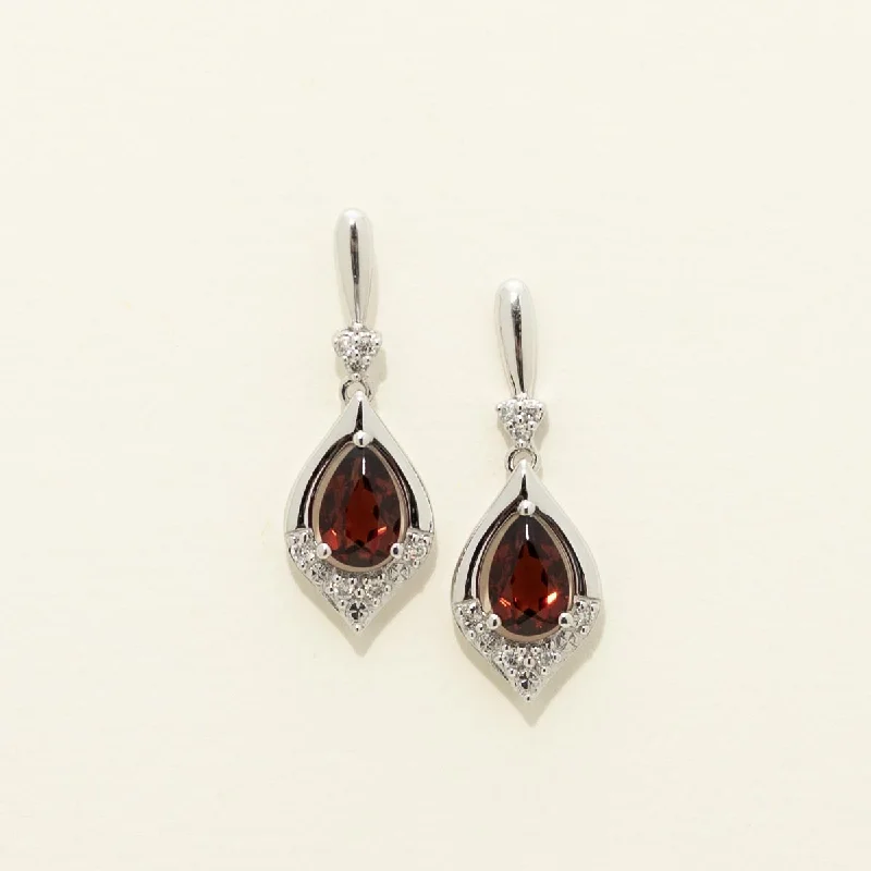 Sparkling Drop Earrings for Shiny-Pear Shape Garnet Drop Earrings in 14kt White Gold with Diamonds (1/20ct tw)