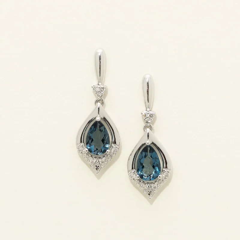 Pearl Drop Earrings for Elegance-Pear Shape London Blue Topaz Drop Earrings in 14kt White Gold with Diamonds (1/20 ct tw)