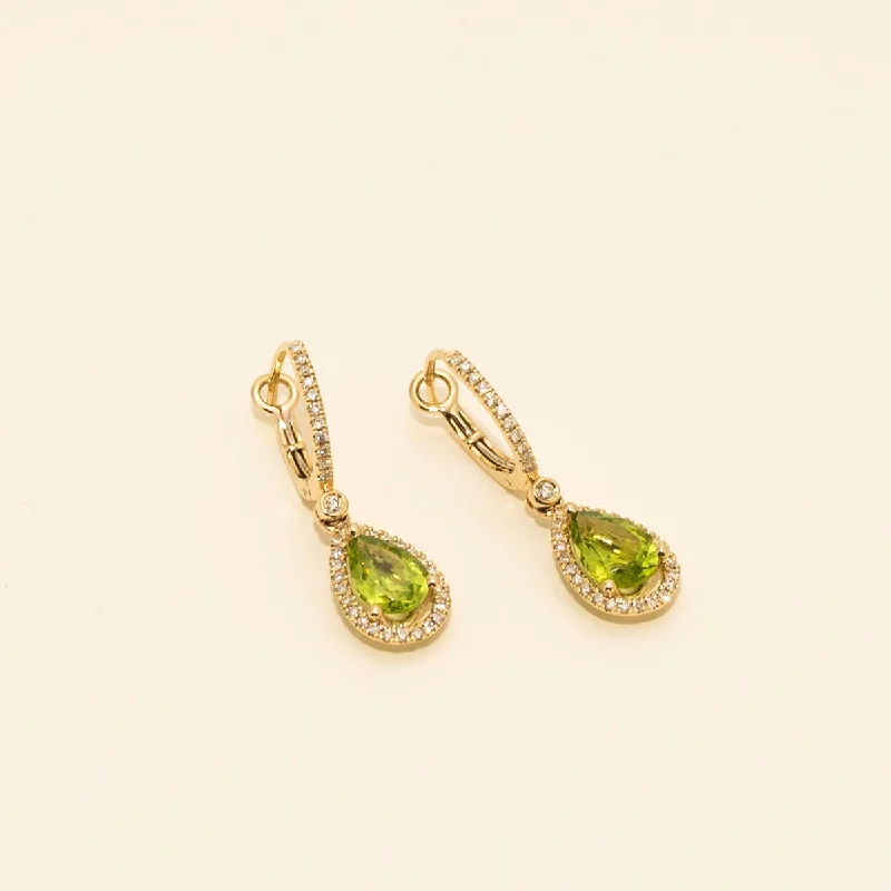 Amber Drop Earrings for Warm-Pear Shape Peridot Drop Earrings in 14kt Yellow Gold with Diamonds (3/8ct tw)