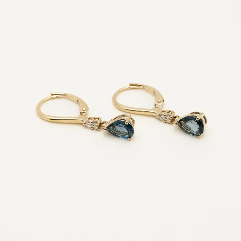 Statement Drop Earrings for Eye-Catching-Pear Shaped London Blue Topaz Drop Earrings in 14kt Yellow Gold with Diamonds (1/10ct tw)