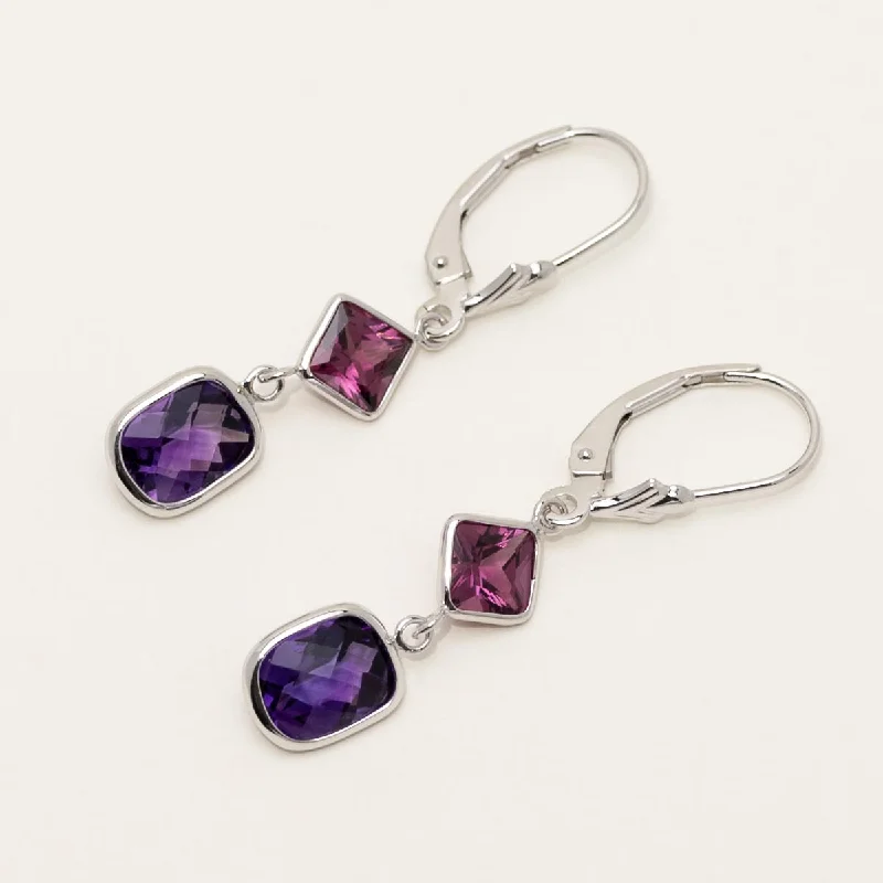 Work Drop Earrings for Professional-Princess Cut Rhodolite Garnet and Cushion Amethyst Drop Earrings in 14kt White Gold