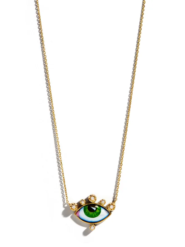 Celestial necklaces and pendants with moon, star, or sun motifs for celestial charm -Russe Petit Vert Diamond and Enamel Eye Yellow Gold Necklace