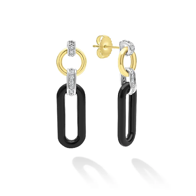 Crocheted Drop Earrings for Handmade-Signature Caviar 18K Gold and Black Ceramic Diamond Link Drop Earrings