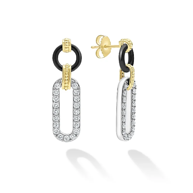 Fashion Drop Earrings for Trendy-Signature Caviar 18K Gold and Black Ceramic Diamond Link Drop Earrings