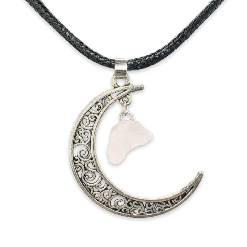 Colorful gemstone necklaces and pendants for a vibrant and playful accessory -Silver Plate Rose Quartz & Black Leather Moon Necklace