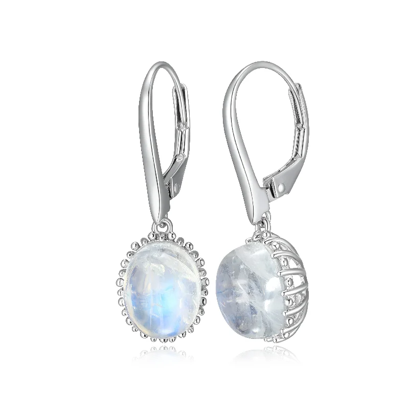 Moonstone Drop Earrings for Dreamy-Sterling Silver Blue Rainbow Moonstone Drop Earrings