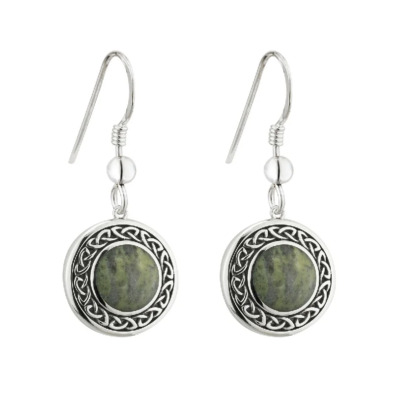 Romantic Drop Earrings for Loving-Silver Connemara Marble Round Celtic Drop Earrings