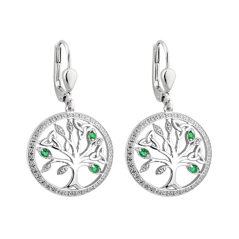 Diamond Drop Earrings for Sparkle-Sterling Silver Crystal Illusion Tree Of Life Drop Earrings