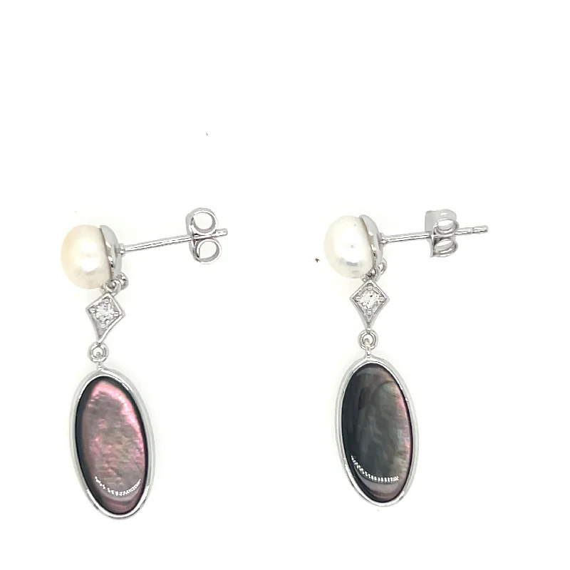 Jade Drop Earrings for Natural-Sterling Silver Gray Mother of Pearl and White Topaz Drop Earrings