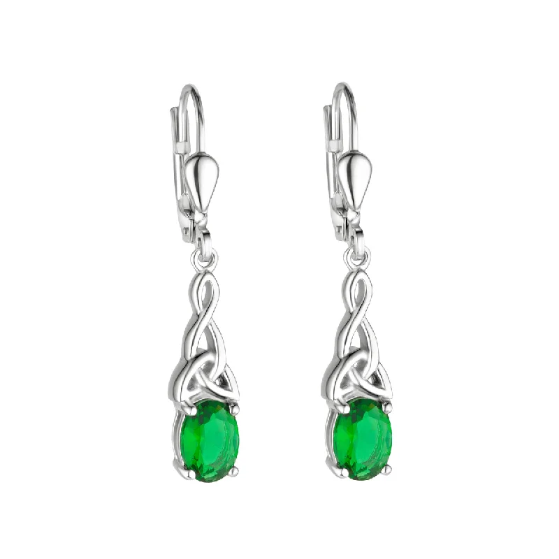 Casual Drop Earrings for Everyday-Sterling Silver Green Crystal Trinity Knot Drop Earrings