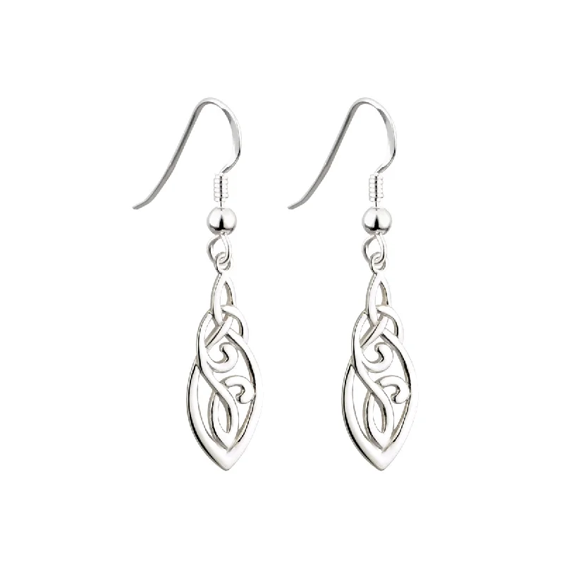 Aquamarine Drop Earrings for Calm-Silver Long Trinity Knot Celtic Drop Earrings