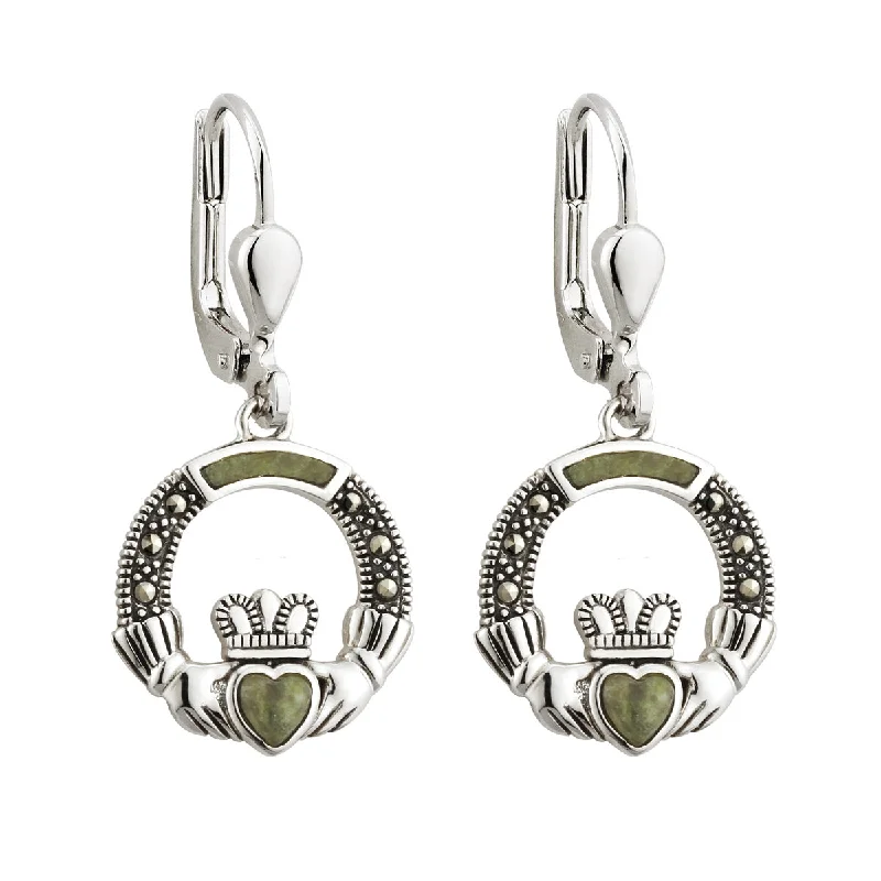 Topaz Drop Earrings for Radiant-Silver Marcasite & Marble Claddagh Drop Earrings