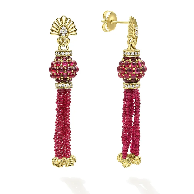 Coral Drop Earrings for Tropical-Studio 18K Gold Ruby and Diamond Tassel Drop Earrings